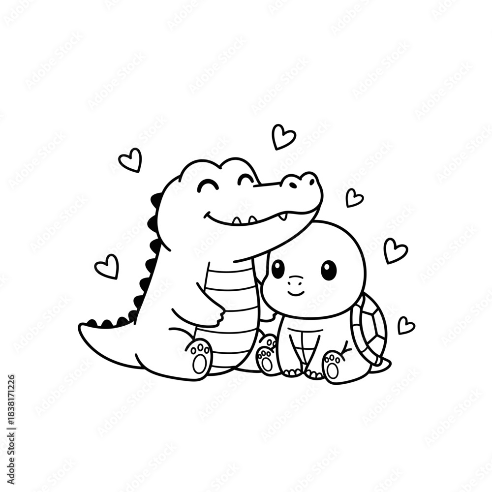 Fototapeta premium Funny cartoon crocodile and turtle with a heart vector illustration for a children's coloring book