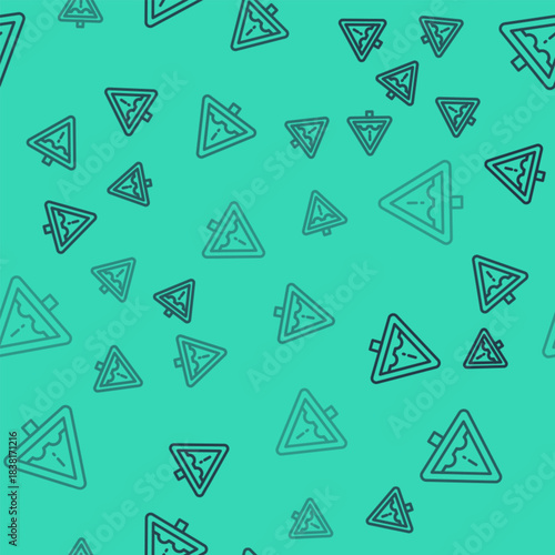 Black line Uneven road ahead sign. Warning road icon isolated seamless pattern on green background. Traffic rules and safe driving. Vector