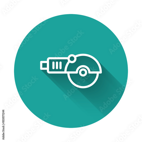 White line Angle grinder icon isolated with long shadow background. Green circle button. Vector