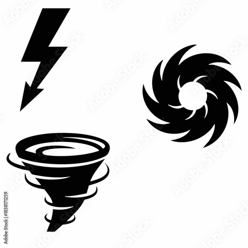 Set of Severe Weather Silhouette Icons Featuring Lightning, Tornado and Hurricane