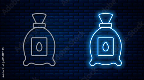 Glowing neon line Pack full of seeds of a specific plant icon isolated on brick wall background. Vector