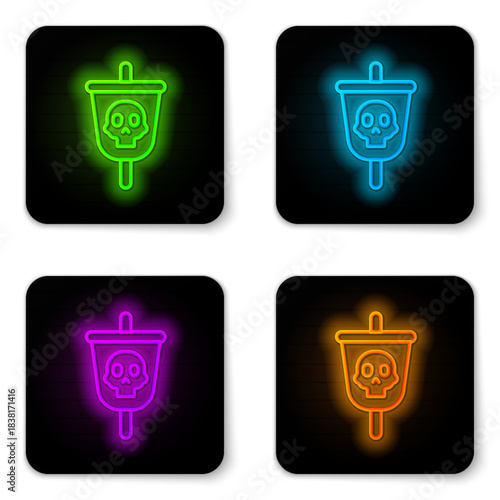 Glowing neon line Pirate flag icon isolated on white background. Black square button. Vector