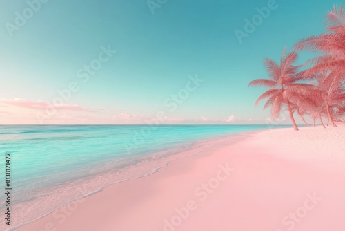 Fototapeta Naklejka Na Ścianę i Meble -  Tropical Paradise Dream: A serene coastal vista unfolds, where the soft blush of a pink sand beach meets the crystal-clear, turquoise water of the sea.