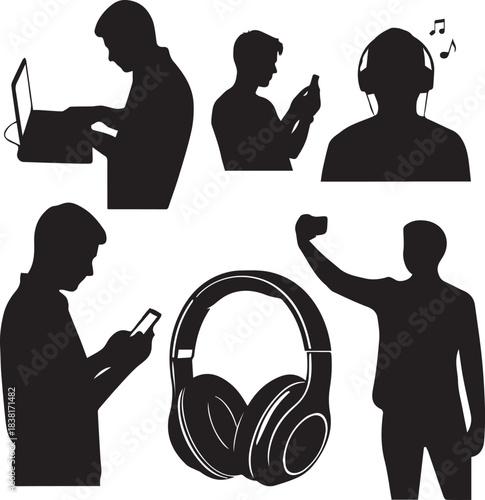 Silhouettes of people engaging with technology, including smartphones, laptops, and headphones, representing modern digital life