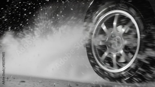 Close up shot of a speeding car tire splashing water on a wet road, showing powerful motion, road safety risk, rainy driving conditions, hydroplaning danger, traction loss, and fast vehicle movement