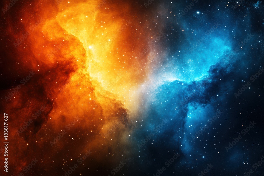 Fototapeta premium Celestial Flames and Frost: A vivid visualization of the cosmos, where the warmth of celestial flames intertwines with the coolness of cosmic frost.