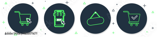 Set line Mobile and shopping cart, Signboard hanging, Shopping with cursor and check mark icon. Vector