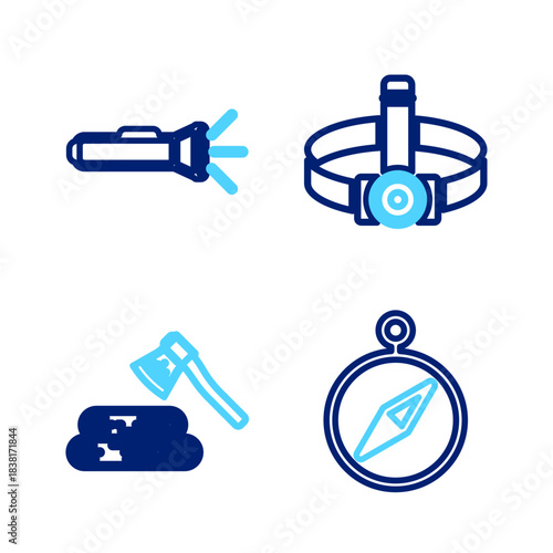Set line Compass, Wooden axe and wood, Head flashlight and Flashlight icon. Vector