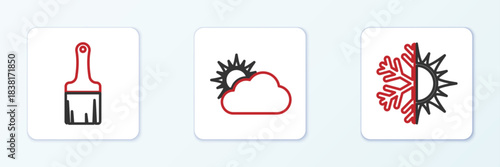 Set line Sun and snowflake, Paint brush and cloud weather icon. Vector