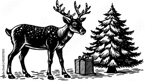 Very beautiful close-up scene of a reindeer calf near Santa placing a wrapped gift under a snowy Christmas tree, gentle frost shimmering on its soft winter fur.