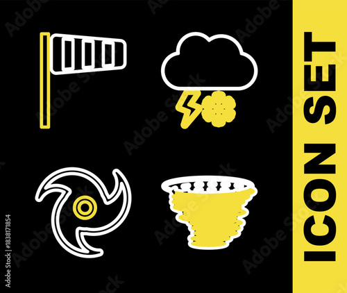 Set line Cloud with snow and lightning, Tornado, and Cone windsock wind vane icon. Vector