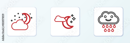 Set line Cloud with rain, moon and stars and icon. Vector