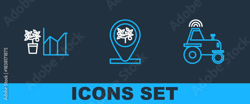 Set line Wireless tractor on smart farm, Flower statistics and Location and tree icon. Vector