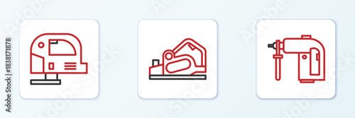Set line Rotary hammer drill machine, Electric jigsaw and planer tool icon. Vector