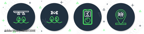 Set line Smart farm with drone, farming technology, bulb and plant and Location tree icon. Vector