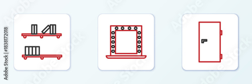 Set line Closed door, Shelf with books and Makeup mirror lights icon. Vector