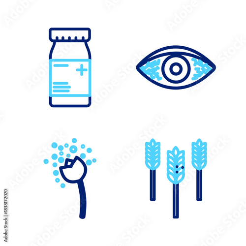 Set line Wheat, Flower producing pollen, Reddish eye allergic conjunctivitis and Medicine bottle and pills icon. Vector
