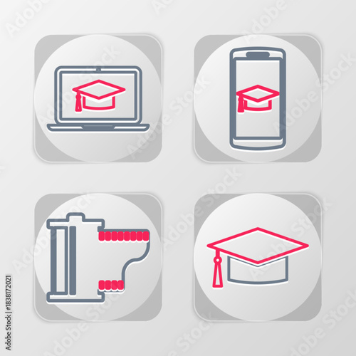 Set line Graduation cap, Camera film roll cartridge, mobile and laptop icon. Vector
