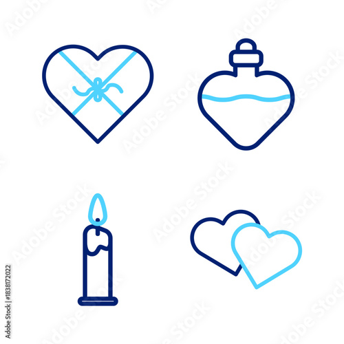 Set line Heart, Burning candle, Bottle with love potion and Candy heart shaped box icon. Vector
