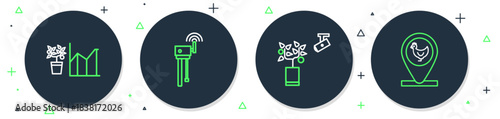 Set line Router and wi-fi signal, Smart farming technology, Flower statistics and Chicken location icon. Vector