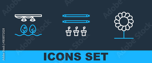 Set line Flower, Smart farm with bulb and plant and icon. Vector