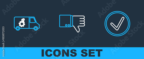 Set line Check mark in circle, Car service and Dislike icon. Vector