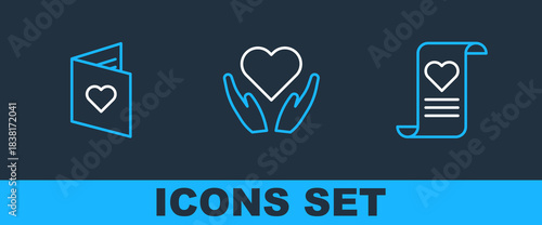 Set line Envelope with Valentine heart, Valentines day flyer and Heart hand icon. Vector