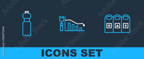 Set line Trash in garbage cans sorted, Bottle of water and Ecology infographic icon. Vector