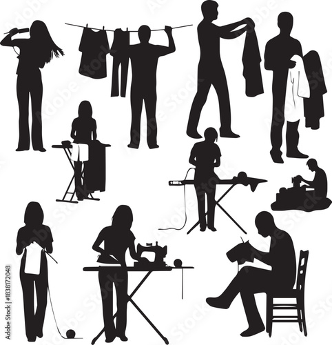Diverse daily chores and tasks depicted in silhouette, including ironing, sewing, and hanging laundry