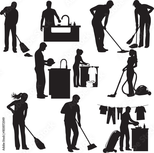 Collection of Silhouettes Depicting Housekeeping and Cleaning Tasks Performed by People