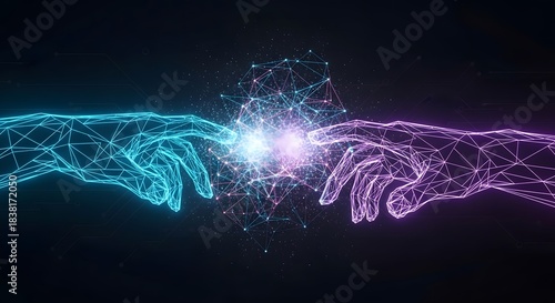 Abstract connection between human and artificial intelligence. Digital communication, partnership, and technological integration. Two glowing wireframe hands touching in a spark of digital network