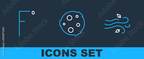 Set line Wind, Fahrenheit and Moon icon. Vector