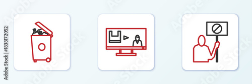 Set line Nature saving protest, Trash can and Stop plastic pollution icon. Vector