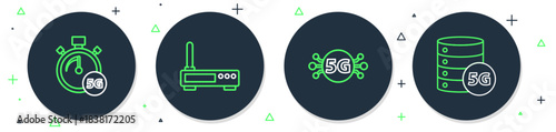 Set line Router and wi-fi signal, 5G network, Digital speed meter and Server icon. Vector