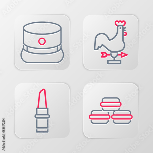 Set line Macaron cookie, Lipstick, Rooster weather vane and Kepi icon. Vector