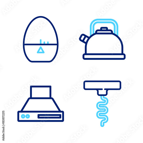 Set line Wine corkscrew, Kitchen extractor fan, Kettle with handle and timer icon. Vector
