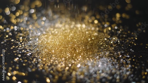 Macro shot of glitter falling on a black surface