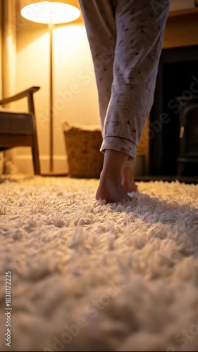 Bare feet walking on a fluffy rug in a cozy room.