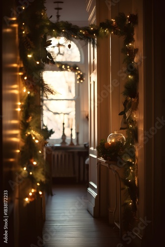 Soft-focus holiday garlands framing warm glowing light for festive ambiance christmas tree in the living room