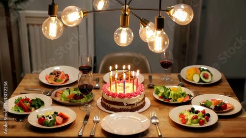 Birthday Celebration Dinner Table with Cake and Lit Candles.