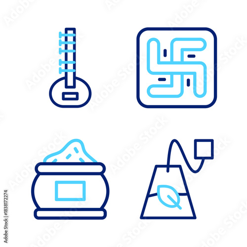 Set line Tea bag, Indian spice, Hindu swastika and Sitar icon. Vector