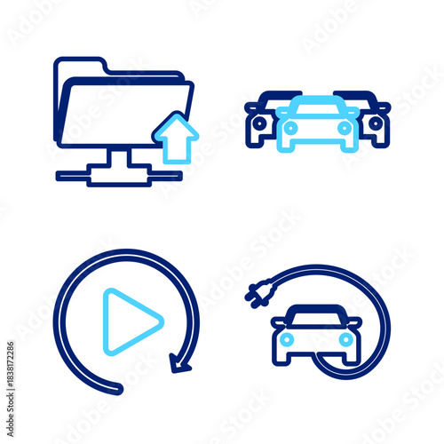 Set line Electric car, Video play button, Cars and FTP folder upload icon. Vector