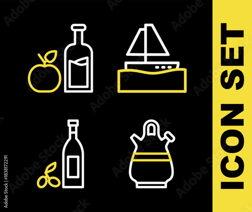 Set line Yacht sailboat, Sangria pitcher, Bottle of olive oil and Apple cider bottle icon. Vector
