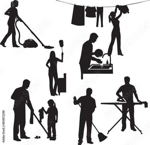 Collection of vector silhouettes showcasing diverse household chores, representing everyday domestic tasks and the effort involved in home maintenance