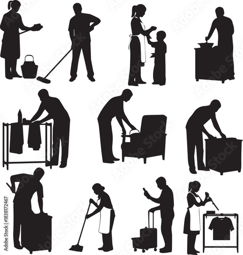 Collection of household chores and domestic tasks depicted in silhouettes