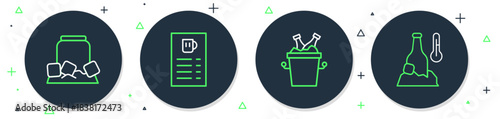 Set line Beer menu, bottles in ice bucket, Cold beer can and icon. Vector