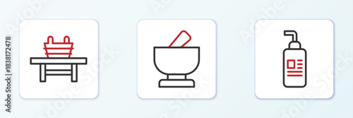Set line Cream or lotion cosmetic tube, Sauna bench with bucket and Mortar and pestle icon. Vector