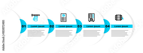 Set line Wooden barrel on rack, Vending machine, Beer menu and Signboard with glass of beer icon. Vector