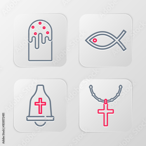 Set line Christian cross on chain, Church bell, fish and Easter cake icon. Vector