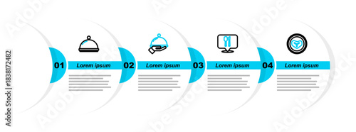 Set line Steak meat on a plate, Cafe and restaurant location, Covered with tray of food and icon. Vector